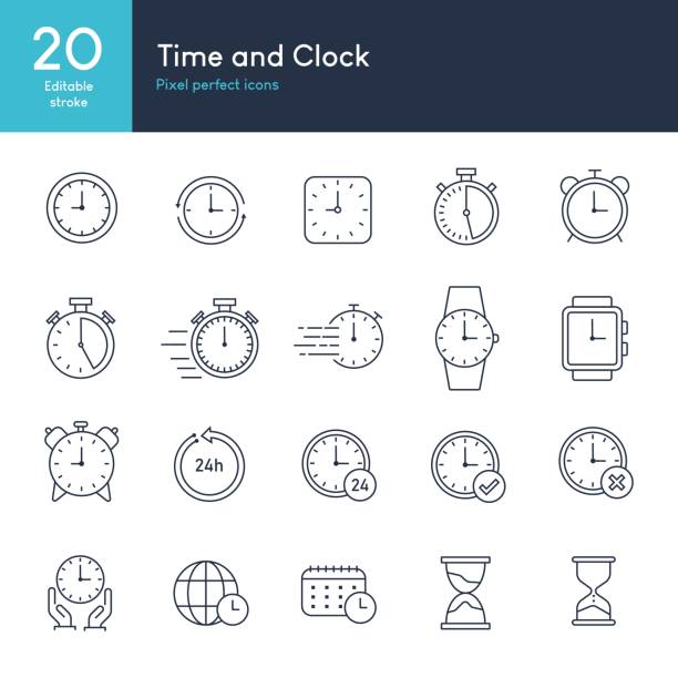 ilustraciones, imágenes clip art, dibujos animados e iconos de stock de hora y reloj - conjunto de vector de icono de línea delgada - tiempo