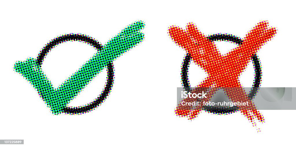 Yes-No A green check mark and red cross are located on a white background. Acrylic Painting Stock Photo