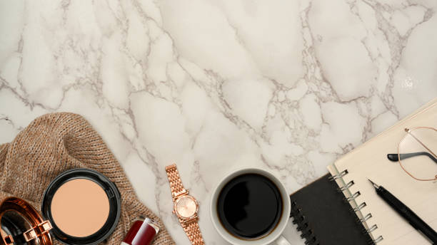 istock Top view, Marble workspace background with copy space and girl accessories. 1372259819