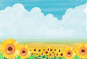 istock Watercolor illustration of summer landscape with sunflowers in full bloom 1372260557