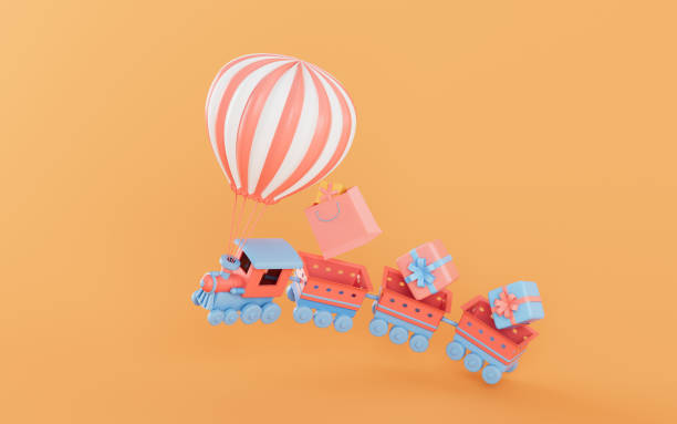 istock Hot air balloon and cartoon train, 3d rendering. 1372260619