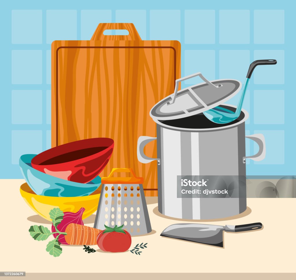 Tools In Kitchen Cartoon Kitchen Food And Tools Stock Illustration - Download Image Now ...