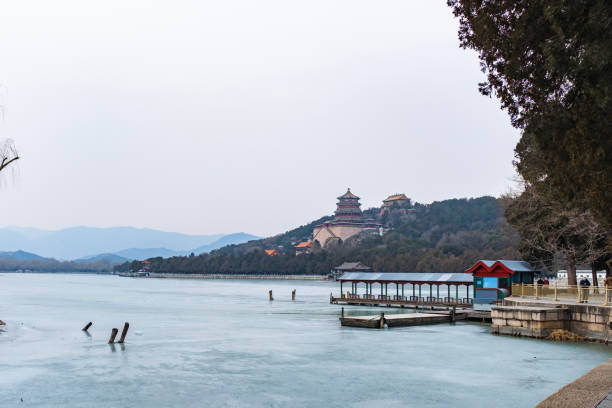 pałac letni w zimie, jezioro kunming po zamrożeniu, góra długowieczności, góra yuquan - asian culture traditional culture chinese culture antiquities zdjęcia i obrazy z banku zdjęć