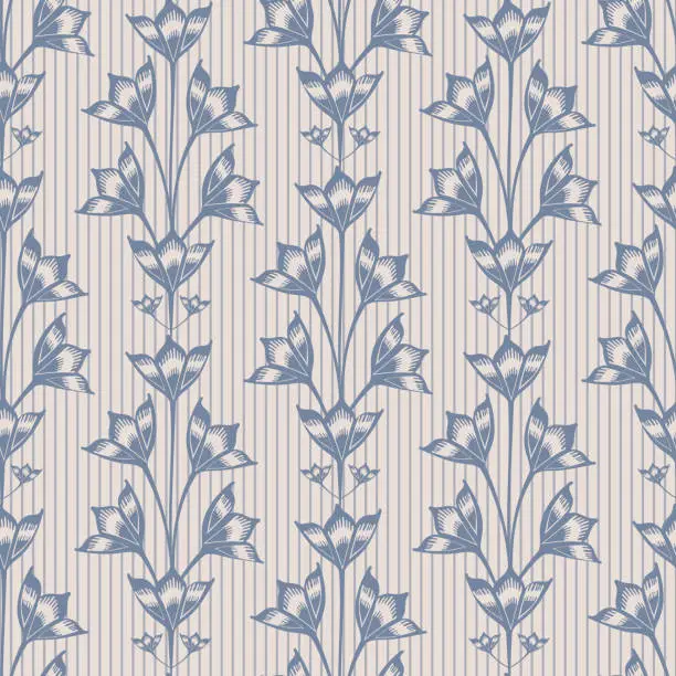Vector illustration of Abstract bluebell flower vector seamless pattern background. Stylized vintage Campanula flowers on vertical striped blue white backdrop.Formal trailing floral retro repeat.Hand darwn botanical design
