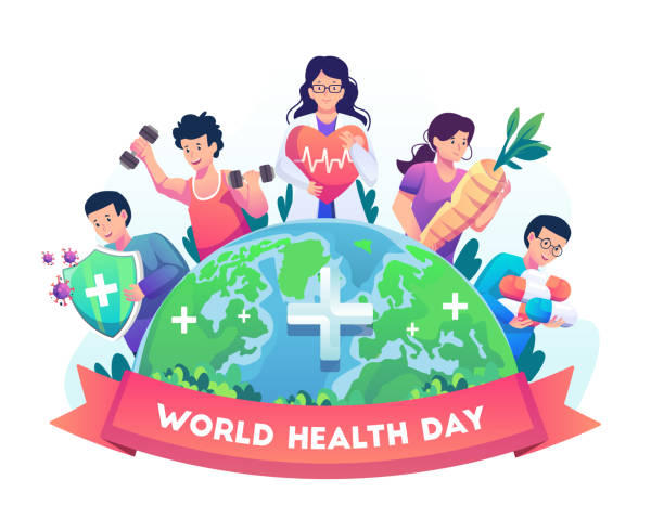 A group of diverse people around the world leading an active healthy lifestyle on World Health Day. Flat style vector illustration A group of diverse people around the world leading an active healthy lifestyle on World Health Day. Flat style vector illustration World Health Day stock illustrations