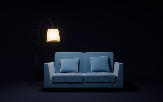 Sofa with dark background, 3d rendering. Computer digital drawing.