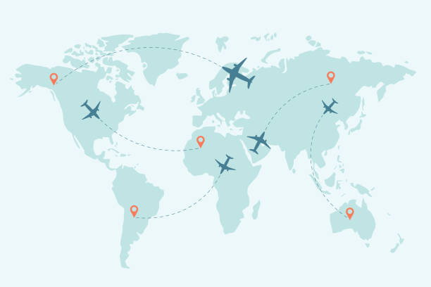 세계 지도 오순절 점선 추적 라인과 비행기 비행. 여행 개념입니다. 벡터 일러스트입니다. - travel stock illustrations