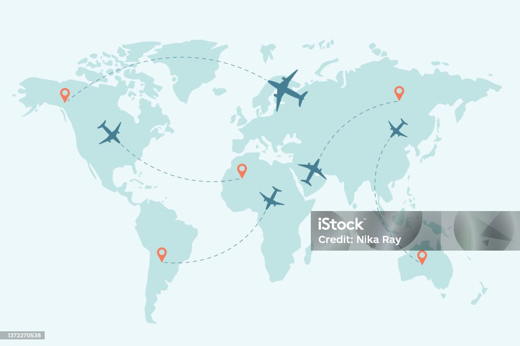 World map whit dashed trace line and airplanes flying. Travel concept. Vector illustration. World Map stock vector World map whit dashed trace line and airplanes flying. Travel concept. Vector illustration. World Map stock vector