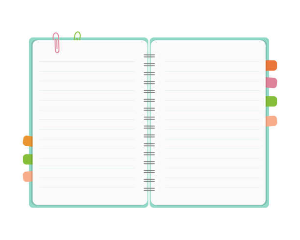 пустой открытый спиральный блокнот. блокнот с закладками и скрепками. шаблон для текста для веб-дизайна или рекламы. - personal organizer illustrations stock illustrations