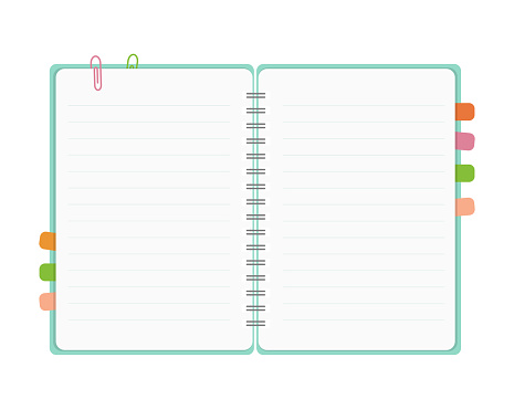 Blank open spiral notepad. Notepad with bookmarks and paper clips. Template for text for web design or advertising.