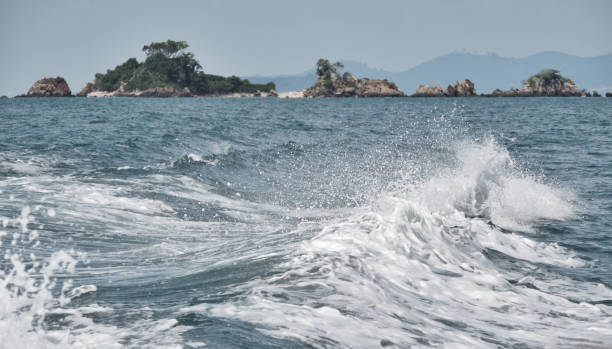 istock Trail on water surface behind of fast moving motor boat 1372272104