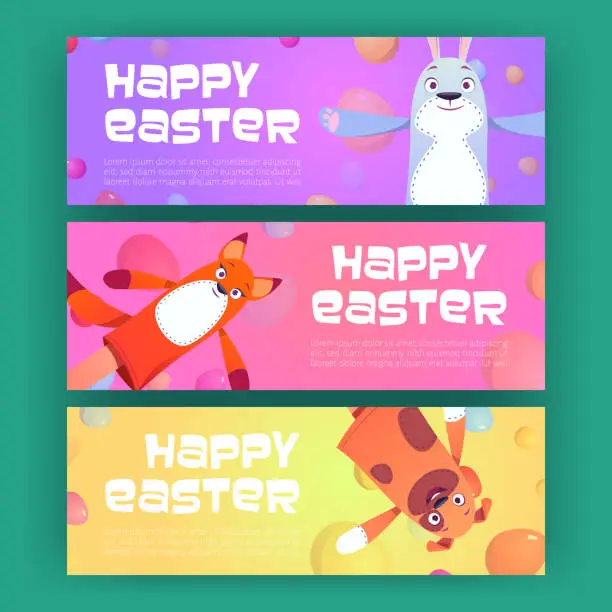 Vector illustration of Happy Easter banners with funny puppet dolls set