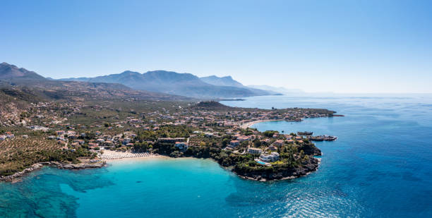 greece peloponnese. stoupa seaside village and sandy beach, aerial view. mani, messenia - mani peninsula imagens e fotografias de stock