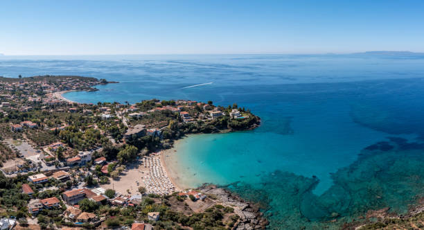greece peloponnese. stoupa seaside village and sandy beach, aerial view. mani, messenia - mani peninsula imagens e fotografias de stock