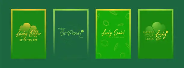 Vector illustration of Happy Saint Patrick's Day Design template set with green background, clover, shamrock and golden coins. Layout for banner, poster, brochure, sale card, promotion post.