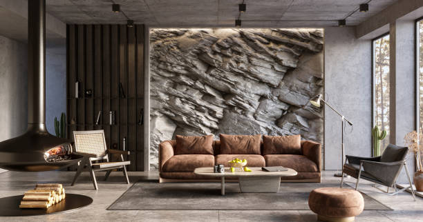 モダンなリビングルームのインテリアで自然なマウンテンロックウォール、3dレンダリング - stone contemporary house luxury ストックフォトと画像