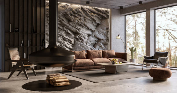 istock Natural Mountain Rock Wall in modern living room interior, 3d render 1372280848