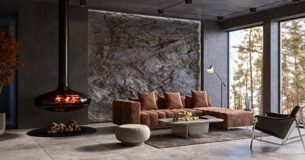 istock Natural Mountain Rock Wall in modern living room interior, 3d render 1372280854