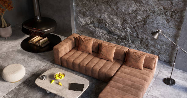 istock Natural Mountain Rock Wall in modern living room interior, 3d render 1372281896