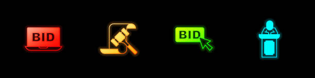 istock Set Online auction, Auction hammer, Bid and auctioneer sells icon. Vector 1372283282