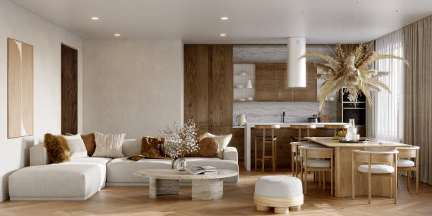 istock Open plan living room interior with modern wood kitchen, 3d render 1372283484