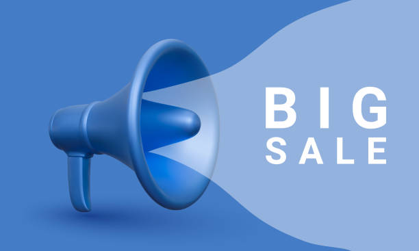 3d realistic blue plastic megaphone marketing concept. Big sale. Vector illustration 3d realistic blue plastic megaphone marketing concept. Big sale. Vector illustration. loudon stock illustrations