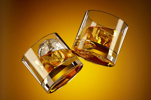 istock Two Whiskey Glasses with Ice Cubes Floating in the Air - 3D Illustration 1372284586
