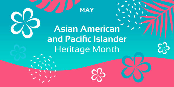 Asian American and Pacific Islander Heritage Month. Vector banner for social media, card, poster. Illustration with text, tropical plants. Asian Pacific American Heritage Month horizontal composition vector art illustration