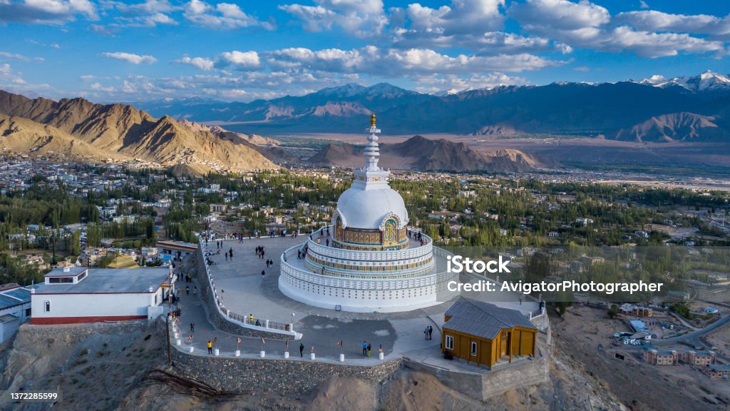 Aerial view Shanti Stupa buddhist white domed stupa overlooks the city of Leh, The stupa is one of the ancient and oldest stupas located in Leh city, Ladakh, Jammu Kashmir, India. Ladakh Region Stock Photo