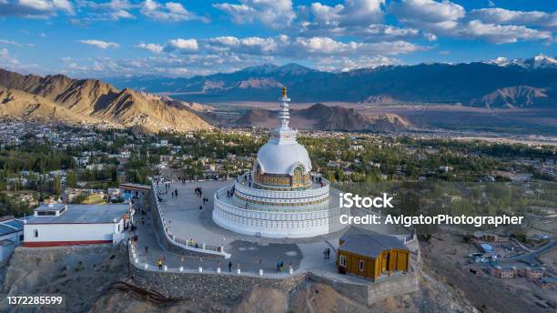 Aerial View Shanti Stupa Buddhist White Domed Stupa Overlooks The City Of Leh The Stupa Is One Of The Ancient And Oldest Stupas Located In Leh City Ladakh Jammu Kashmir India Stock Photo - Download Image Now
