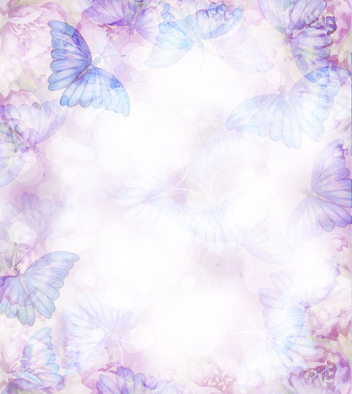 Floral, pink, bokeh background.  Abstract flora and butterflies. Illustration.