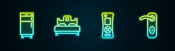 Set line Refrigerator, Bedroom, Remote control and Door handle. Glowing neon icon. Vector Set line Refrigerator, Bedroom, Remote control and Door handle. Glowing neon icon. Vector. neon bedroom stock illustrations