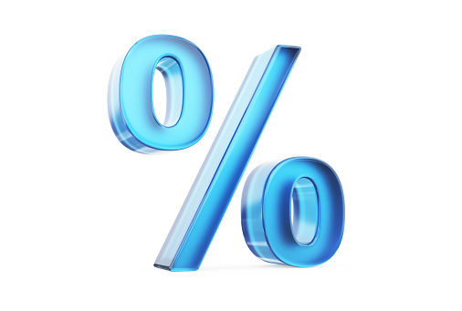 Blue glass percent symbol isolated on white background