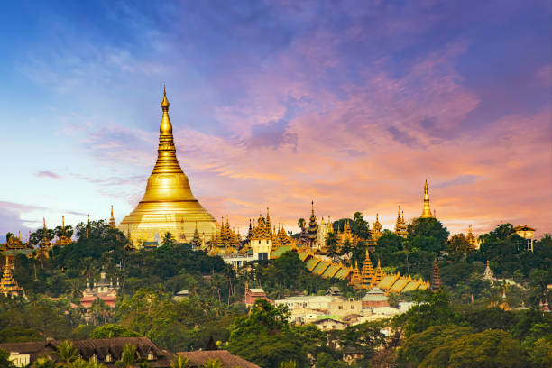 belo nascer do sol sobre shwedagon pagoda em yangon em mianmar - shwedagon pagoda yangon sunset pagoda - fotografias e filmes do acervo