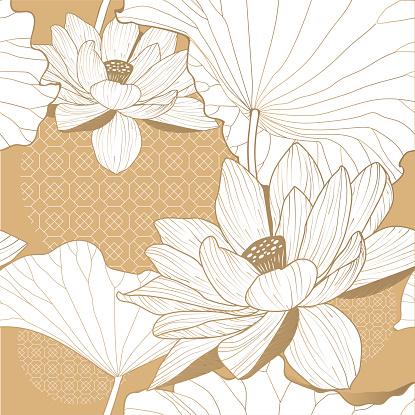 Seamless pattern with natural ornament. Asian lotus flower on a golden background