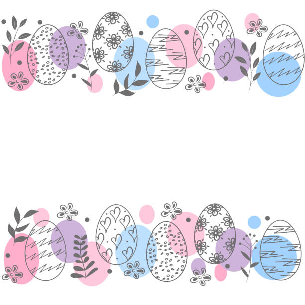 부활절 달걀, 가지 와 꽃 테두리 - easter egg paint black and white drawing stock illustrations