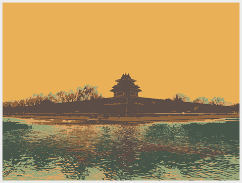 color woodcut style Forbidden City Corner Tower scene landscape