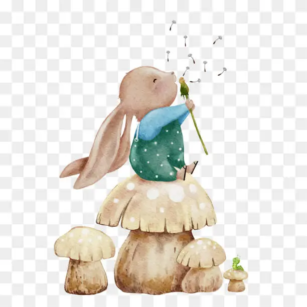 Vector illustration of Water colour Cute Rabbit sitting on mushroom blowing dandelion flower,Hand paint Cartoon bunny character for Easter greeting card, Spring, Summer poster,Vector illustration on transparent background
