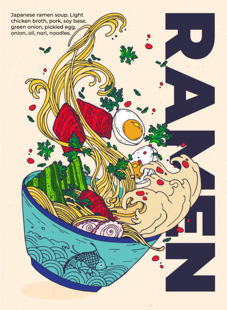 illustrations, cliparts, dessins animés et icônes de soupe de ramen japonaise aux herbes, œuf, algues dans une assiette avec du poisson - noodle soup