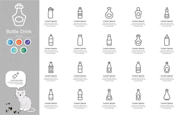 ilustraciones, imágenes clip art, dibujos animados e iconos de stock de botella bebida línea iconos infografía de contenido - wineglass symbol coffee cup cocktail