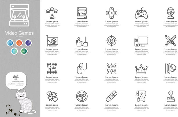 illustrations, cliparts, dessins animés et icônes de infographie sur le contenu des icônes de ligne de jeux vidéo - computer computer keyboard computer monitor caricature