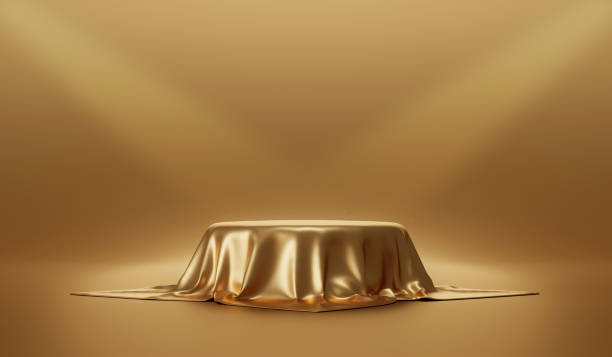 Gold 3d fabric podium presentation studio background of empty stage golden scene pedestal product platform or luxury display mockup modern showcase stand and premium exhibition template on backdrop. Gold 3d fabric podium presentation studio background of empty stage golden scene pedestal product platform or luxury display mockup modern showcase stand and premium exhibition template on backdrop. gold podium stock pictures, royalty-free photos & images