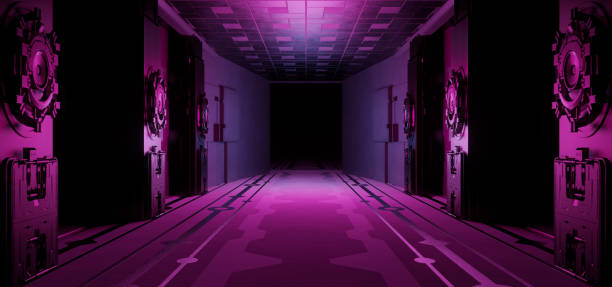 istock Modern Futuristic CyberSteampunk Parking Underground Car Warehouse Garage Studio Rough Modern Reflective Spaceship Tunnel Corridor Showcase Innovative Charcoal Colors Abstract Background Wallpaper Used For Clubs 3D Illustration 1372302379