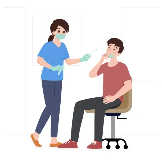 Vector illustration of A doctor or nurse is about to do a nose swab test for a patient who comes to the hospital to check for a coronavirus infection. Cartoon character health concept isolated on white background.