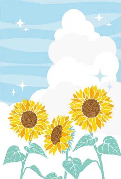 Vector illustration of Summer landscape illustration of sunflower field in full bloom