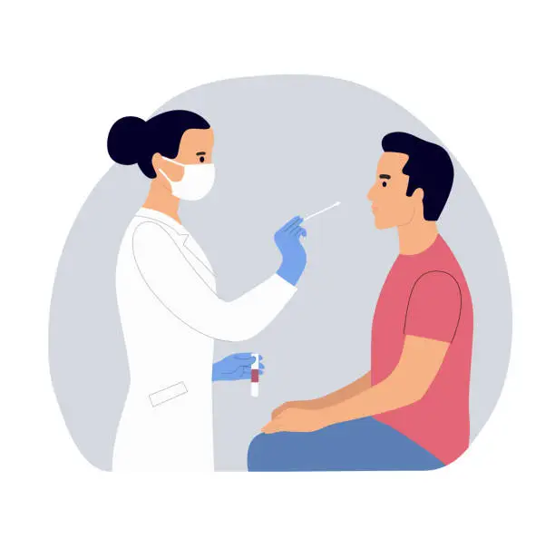 Vector illustration of Woman in face mask tested the coronavirus by pcr test from the patient. Vector flat style cartoon illustration