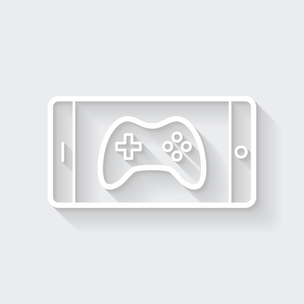 gra wideo na smartfona. ikona z długim cieniem na pustym tle - flat design - video game playstation game controller three dimensional shape stock illustrations