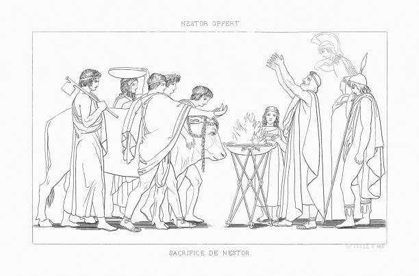 nestor's sacrifice (odyssey), stalowy grawer, opublikowany w 1833 roku - greco roman stock illustrations