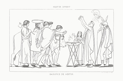 Nestor’s Sacrifice. Scene from the Odyssey by Homer. Steel engraving after a drawing (1793) by John Flaxman (British sculptor and draughtsman, 1755 - 1826), engraved by Edouard Schuler (German engraver, 1806 - 1882), published in 1833.