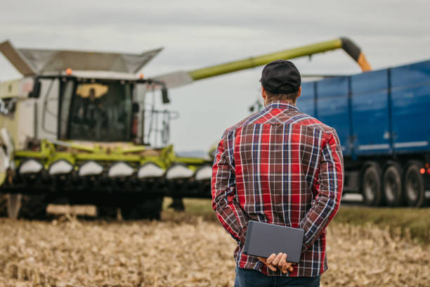 istock Farmer holding Tablet, looking at combine Harvester emptying its load, rear view 1372313662